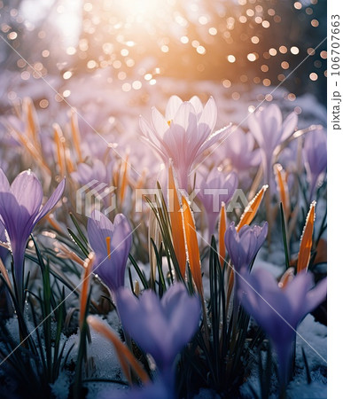 some purple crocus flowers with the sun shining through them in the background is snow and bright blue sky some purple crocus flowers with the sun shining through them in the background is snow and bright blue sky 106707663