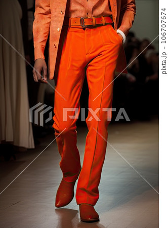 a man in an orange suit and white shirt on the catwalk runway at london men's fashion week a man in an orange suit and white shirt on the catwalk runway at london men's fashion week 106707674