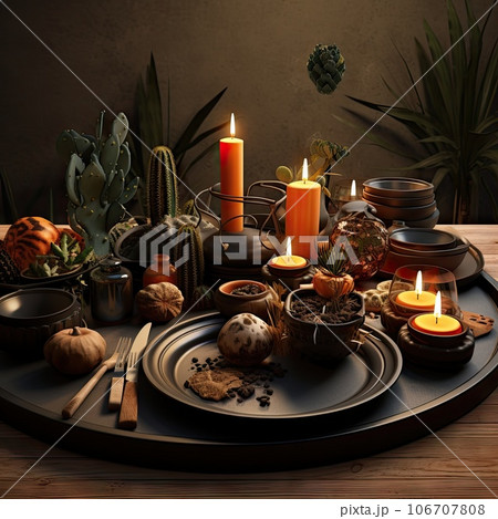 an autumn table setting with candles, pumpkins and other fall decor items on a round black tray surrounded by plants 106707808