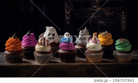 six cupcakes with different colored frosting on them, all lined up in a row against each other cupcakes have 106707841