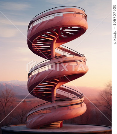 a spiral staircase in the middle of a hill with trees and mountains in the photo is taken at sunset time a spiral staircase in the middle of a hill with trees and mountains in the photo is taken at sunset time 106707909