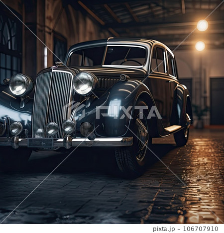 an old car parked in a garage at night, with the headlights turned to look like it's on fire 106707910