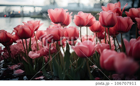 red tulipps in front of a body of water with a bridge in the background and some pink tulipps red tulipps in front of a body of water with a bridge in the background and some pink tulipps 106707911