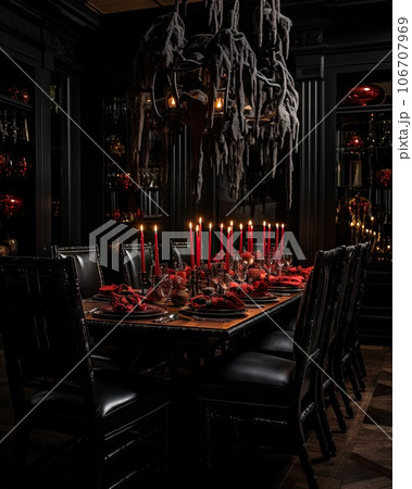 a dining room decorated for halloween with candles and skulls hanging from the ceiling to the table is surrounded by black chairs 106707969