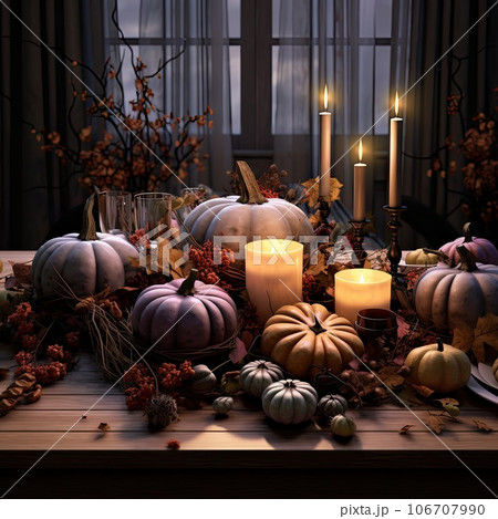 a table with candles, pumpkins and other autumn decorations on it in the background is a window full of light 106707990