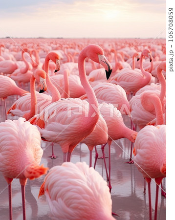 two pink flamingos standing in the water with - Stock Illustration  [106708892] - PIXTA