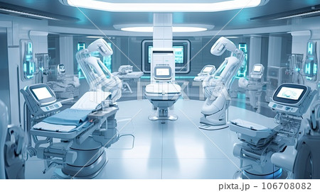 an operating room with many chairs and monitors on the ceiling, all in blue lights are visible to show how they work an operating room with many chairs and monitors on the ceiling, all in blue lights are visible to show how they work 106708082