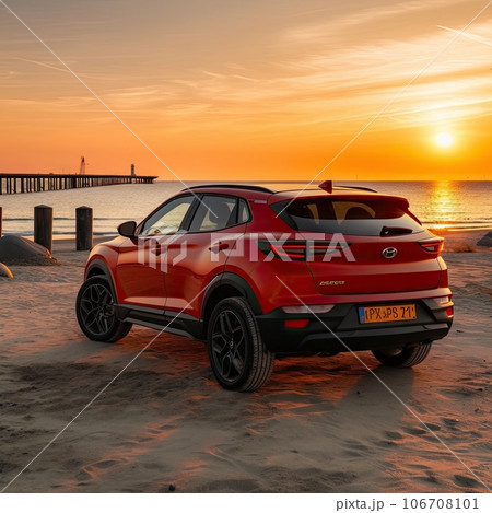 the hyundai kobo concept suv parked on a beach in front of a pier at sunset, with an orange sky background the hyundai kobo concept suv parked on a beach in front of a pier at sunset, with an orange sky background 106708101