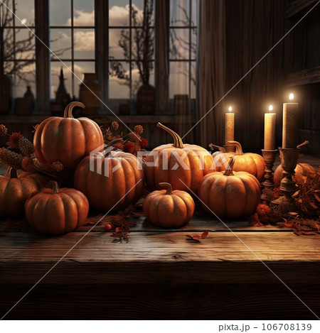 pumpkins, candles and leaves on a wooden table in front of a window with a full moon behind it 106708139