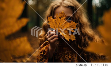 a little girl hiding her face behind a yellow leaf in the leaves are all around her and she is looking into the camera 106708140