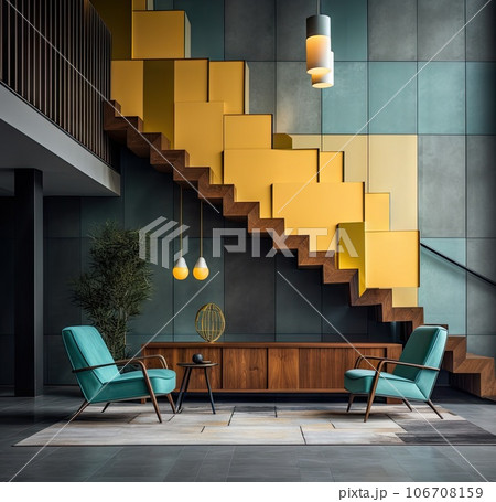 two chairs and a table in front of a wall with yellow squares on it, one chair is blue and the other chair is two chairs and a table in front of a wall with yellow squares on it, one chair is blue and the other chair is 106708159