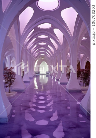the inside of a building that looks like it's made out of white and purple marble, with geometric patterns on the floor 106708203