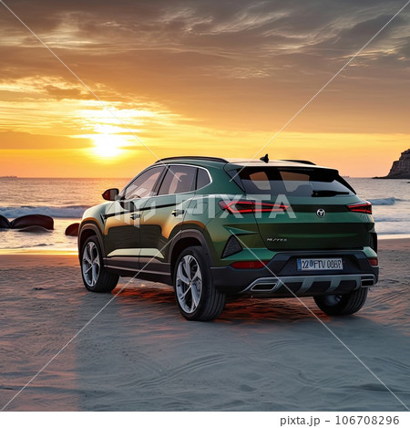 the 2021 hyundai kobo concept suv parked on a beach in front of an orange sunset sky with clouds and rocks the 2021 hyundai kobo concept suv parked on a beach in front of an orange sunset sky with clouds and rocks 106708296