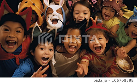 children wearing animal masks on their heads and smiling at the camera with one hand up in the other's air children wearing animal masks on their heads and smiling at the camera with one hand up in the other's air 106708399