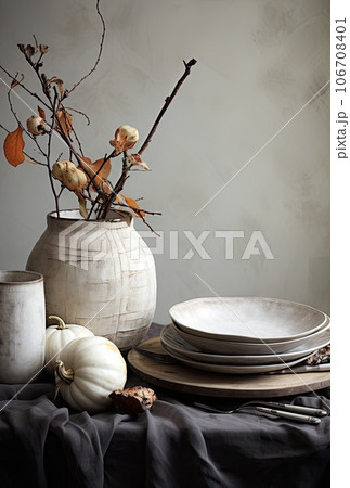 a table setting with white dishes and pumpkins in the center, on a dark grey linen covered table cloth a table setting with white dishes and pumpkins in the center, on a dark grey linen covered table cloth 106708401