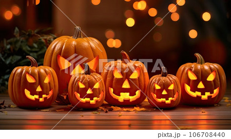 halloween pumpkins on a wooden table with bo lights in the background and an orange glow coming from behind them 106708440