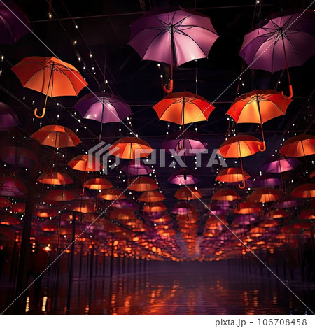 several umbrellas hanging from the ceiling in an open space with lights and reflections on the floor at night time several umbrellas hanging from the ceiling in an open space with lights and reflections on the floor at night time 106708458