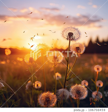 the sun setting over a field with dandels in the fore, and some flying insects on the grass the sun setting over a field with dandels in the fore, and some flying insects on the grass 106708459