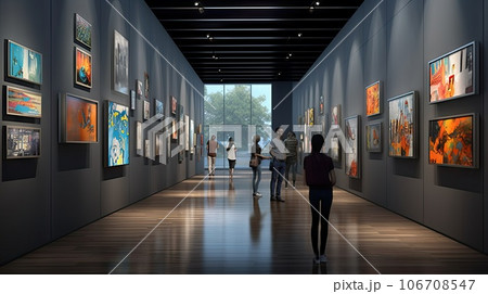an art gallery with people walking through the gallerys and looking at paintings on the walls are lit by daylight 106708547
