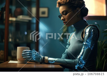 a woman sitting at a table with a coffee cup in her hand, wearing a futuristic suit and holding a mug a woman sitting at a table with a coffee cup in her hand, wearing a futuristic suit and holding a mug 106708615