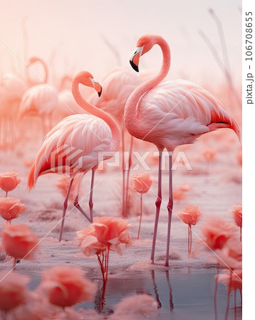 pink flamingos standing in the water with their heads turned to look like they are looking at each other birds pink flamingos standing in the water with their heads turned to look like they are looking at each other birds 106708655
