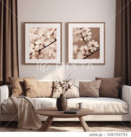 two white flowers hanging on the wall above a couch in a coffee table with a vase and lamp beside it two white flowers hanging on the wall above a couch in a coffee table with a vase and lamp beside it 106708793