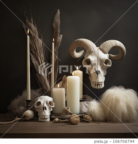 an animal skull, candles and some feathers on a wooden table with a candle in the photo is black background 106708794