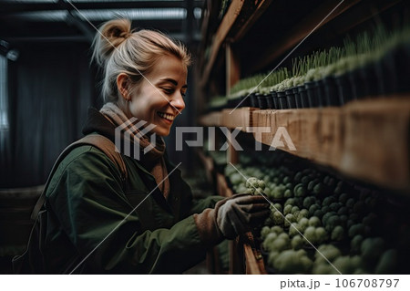 a woman picking grapes from a shelf in a grocery store she is wearing a green jacket and black gloves, smiling at the camera 106708797