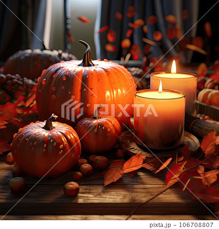 pumpkins and candles on a wooden table with...のイラスト素材 [106708807] - PIXTA