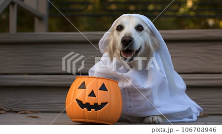 a dog dressed up as a ghost with a pumpkin in it's mouth, sitting on a wooden bench a dog dressed up as a ghost with a pumpkin in it's mouth, sitting on a wooden bench 106708946