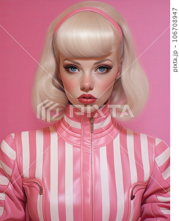 a woman with blonde hair and blue eyes wearing a pink leather jacket, standing in front of a pink background 106708947