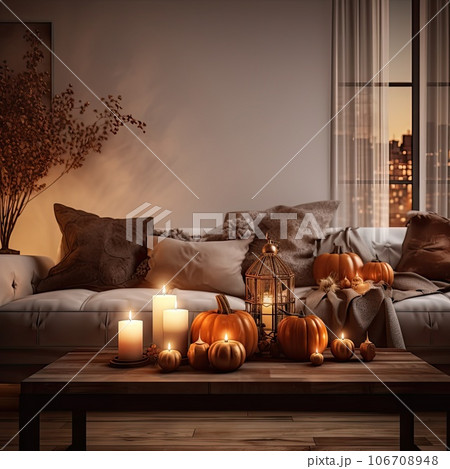 pumpkins and candles on a coffee table in front of a living room with a large window overlooking the city pumpkins and candles on a coffee table in front of a living room with a large window overlooking the city 106708948