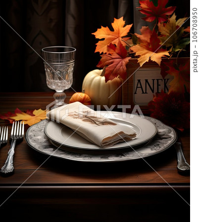 a table setting with fall leaves and pumpkins in the background, including an empty thanksgiving dinner plate on a dark wooden table 106708950
