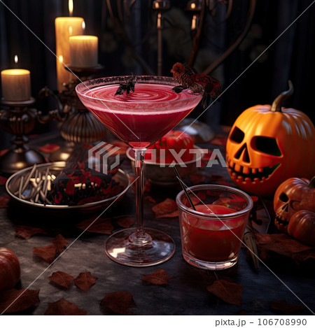 a halloween cocktail with pumpkins and candles in the background, on a table surrounded by autumn leaves for decoration a halloween cocktail with pumpkins and candles in the background, on a table surrounded by autumn leaves for decoration 106708990