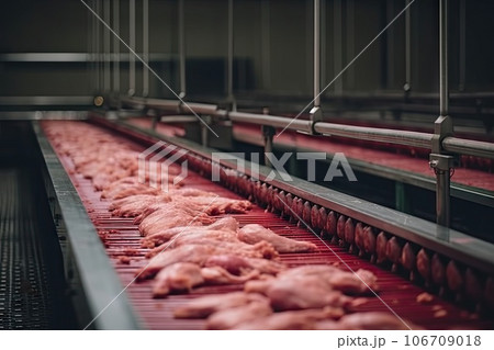 some meat on a convey in a food processing facility, which is being processed for the production of raw pork some meat on a convey in a food processing facility, which is being processed for the production of raw pork 106709018