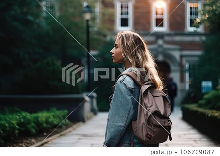 a woman walking down the street with her back to the camera she is wearing a denim jacket, jeans and a backpack 106709087