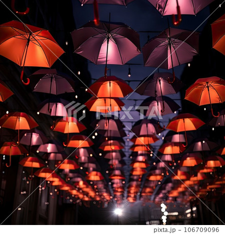 many umbrellas hanging from the ceiling in an alley at night, with lights on them and people walking down the street many umbrellas hanging from the ceiling in an alley at night, with lights on them and people walking down the street 106709096
