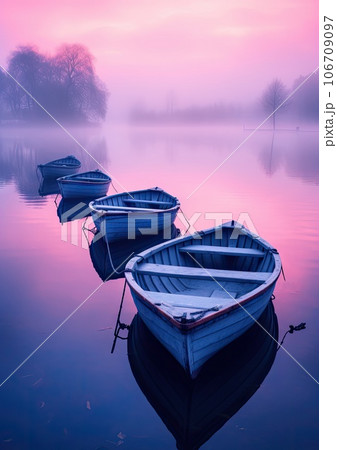 two boats in the water at sunset with a pink sky and some trees reflected in the still calm waters below two boats in the water at sunset with a pink sky and some trees reflected in the still calm waters below 106709097