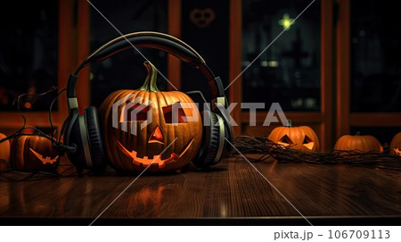headphones on a table with pumpkins and headsets in the background is an image of a halloween scene headphones on a table with pumpkins and headsets in the background is an image of a halloween scene 106709113