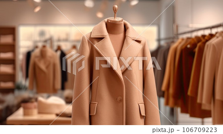 a coat hanging on a rack in a clothing store, with the background blurred to reveal an empty shop space 106709223