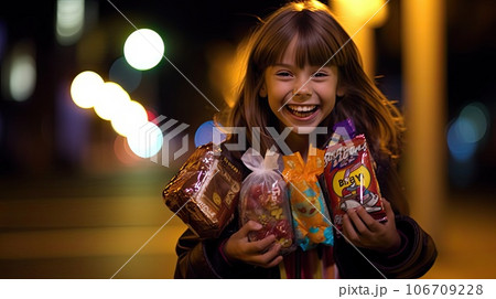 a little girl holding some candys and smiling at the camera while she is walking down the street in front of her a little girl holding some candys and smiling at the camera while she is walking down the street in front of her 106709228