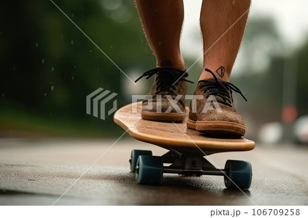someone's feet on a skateboard in the middle of the road, with rain falling down over them 106709258
