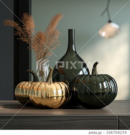 two decorative pumpkins sitting on a table next to a vase with dried flowers in the photo is blurred and blurry 106709259