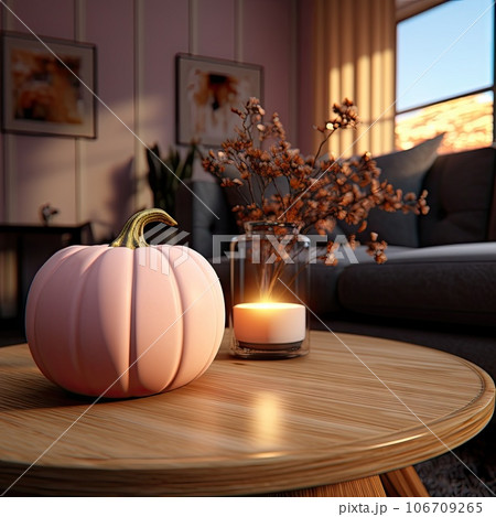 a pink pumpkin on a coffee table next to a candle and some flowers in a living room with a gray couch a pink pumpkin on a coffee table next to a candle and some flowers in a living room with a gray couch 106709265