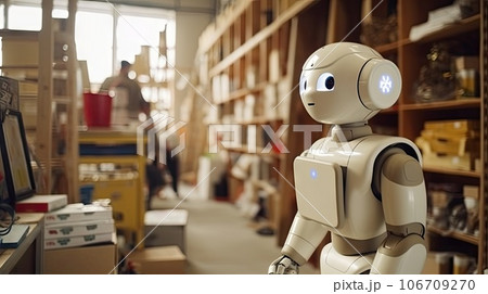 a robot that is standing in the middle of a room with lots of boxes on the floor and shelves behind it 106709270
