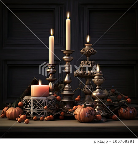 candles, pumpkins and other decorations on a...のイラスト素材 [106709291] - PIXTA