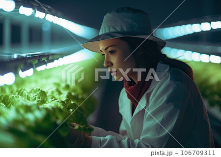 a woman in a white coat and hat looking at some letons on a shelf with lights behind her she's wearing a a woman in a white coat and hat looking at some letons on a shelf with lights behind her she's wearing a 106709311