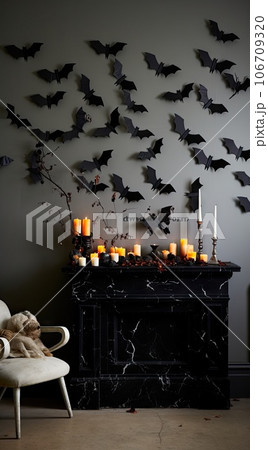bats hanging on the wall above a fireplace with candles and a teddy bear sitting next to it for halloween decor bats hanging on the wall above a fireplace with candles and a teddy bear sitting next to it for halloween decor 106709320