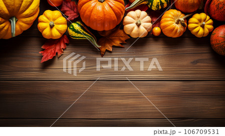感謝祭の背景:ハロウィン、かぼちゃ、落ち葉が木の背景の上に。テキスト用のコピー空間付き。 感謝祭の背景:ハロウィン、かぼちゃ、落ち葉が木の背景の上に。テキスト用のコピー空間付き。 106709531