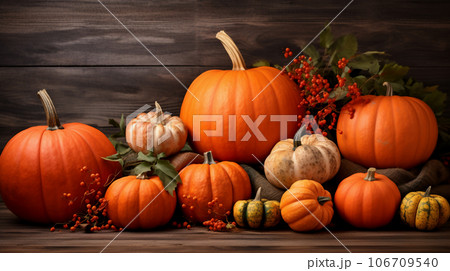 感謝祭の背景：ハロウィン、かぼちゃ、落ち葉が木の背景の上に。テキスト用のコピー空間付き。 106709540